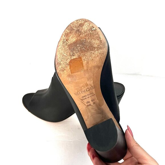 Vince Shoes Women's Alora Black Leather Peep Toe Mule Heeled slides - Picture 8 of 9